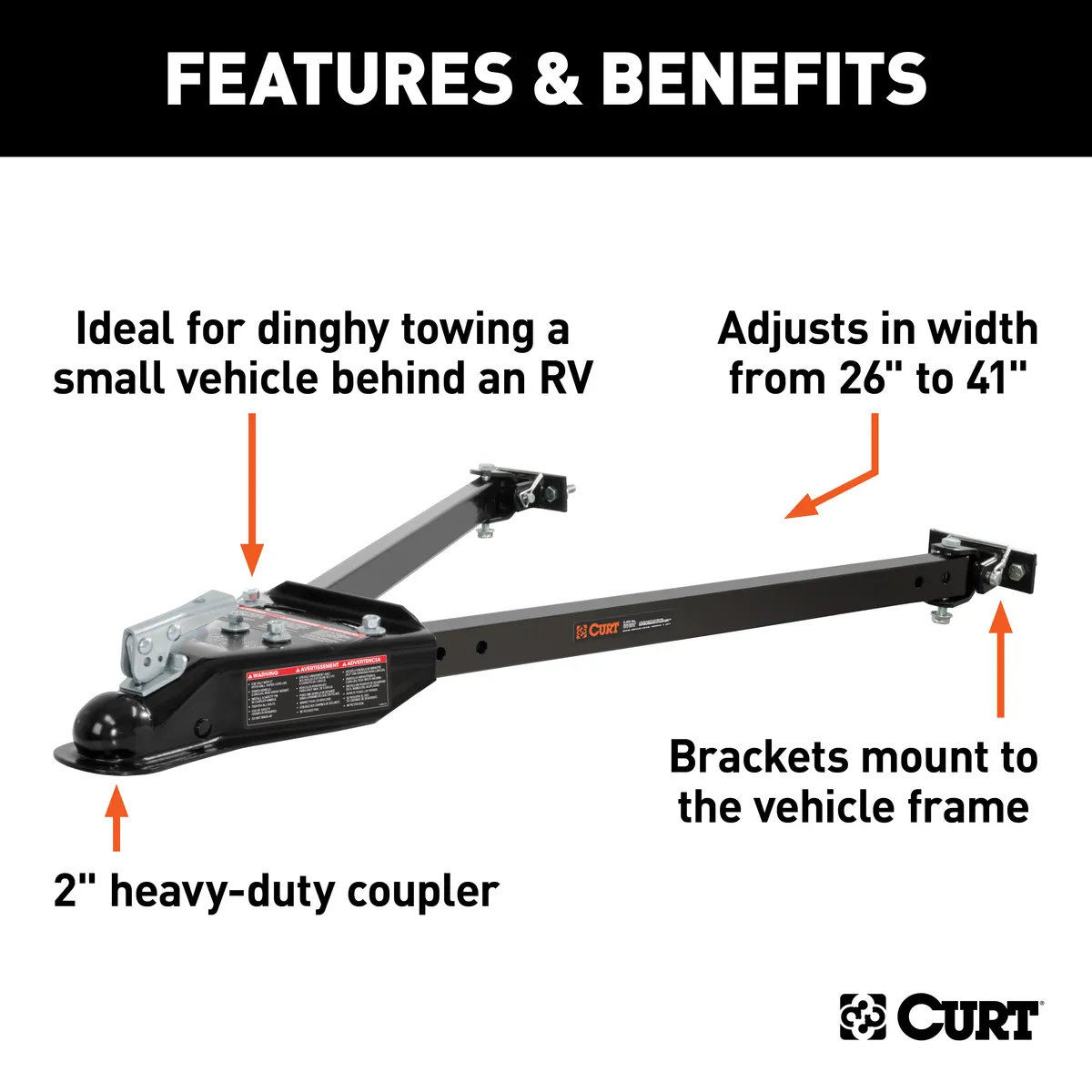 Rock Jock Curt Tow Bar with Adjustable-Width Arms - Car Mount - 2 Inch Ball - 5000 lbs. Safety Cables and Coupler Lock Sold Separately) RockJock 4X4