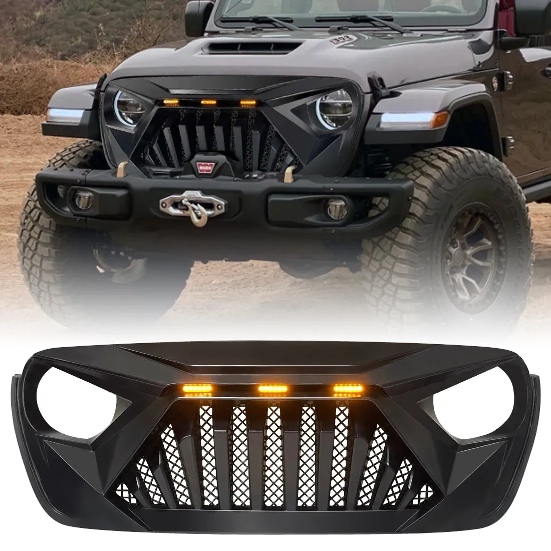 Front Goliath Grille W/Amber LED Running Light - Matte Black For 18+ Jeep Wrangler JL & Gladiator JT product image