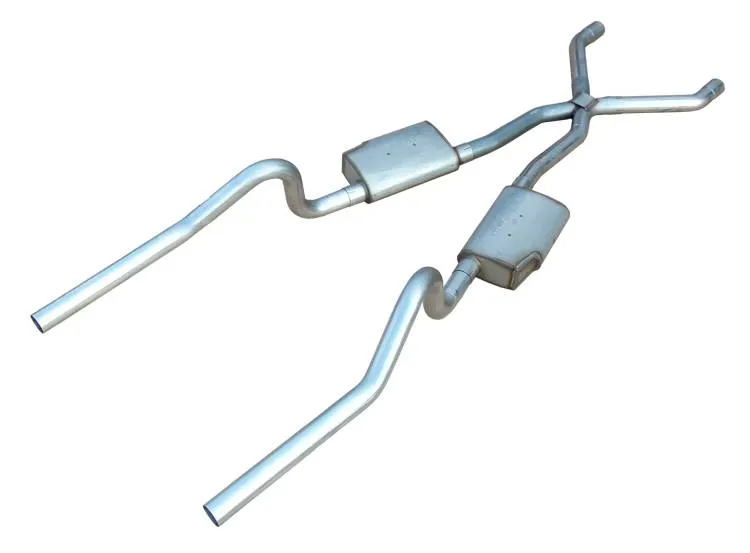 Crossmember Back w/X-Pipe Exhaust System 70-74 Mopar E-Body Split Rear Dual Exit 2.5 in Intermediate And Tail Pipe Violator Muffler/Hdw Incl Tip Not Incl Natural Finish 409 Stainless Steel Pypes Exhaust product image
