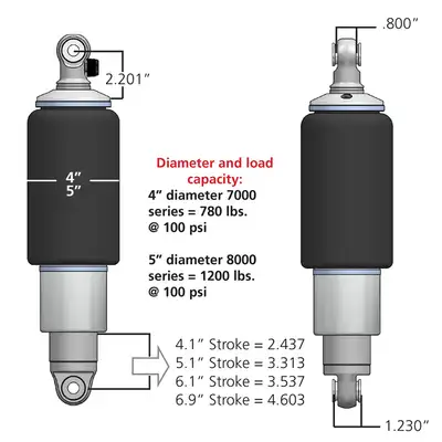 Ridetech Rear HQ Shockwaves 7000 Series W/ 5.2 Inch Stroke And 1.7 Inch Eye Pair Of Rebound Adjustable Shock waves 4 Inch Rolling Sleeve W/ 1/4 Inch Fittings And Bearing Spacers 1/2 Inch And 5/8 Inch 11.85 Inch X 16.4 Inch W/ A 14 -14.5 Inch Ride Height Ridetech