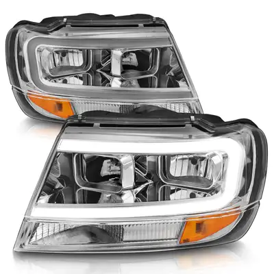ANZO USA Crystal Headlights w Light Bar Chrome Housing Jeep Grand Cherokee 1999-2004