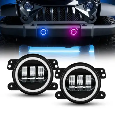 LED Factory Mart "4"" Bluetooth Cree LED Fog Lights With White & RGB Halo For Jeep JK JL Jt"