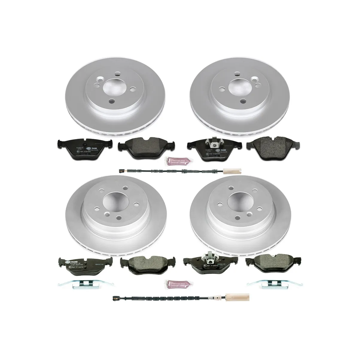 Euro-Stop Kit: Genuine Geomet Fully Coated Rotors; Ece-R90 Certified Pads W/Hardware; Pad Sensors product image