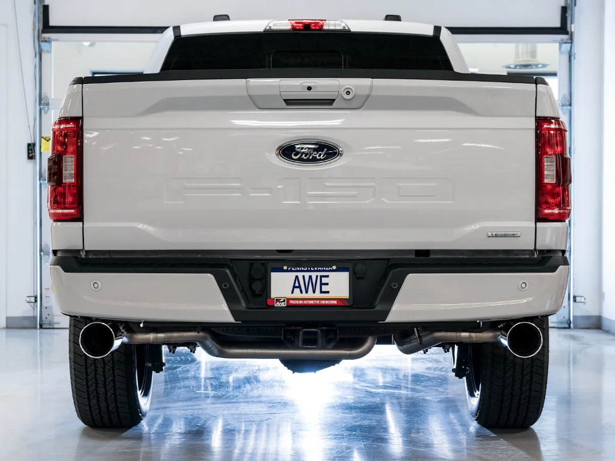 AWE 0FG Dual Split Rear Exhaust for '21+ Ford F-150 - 5" Diamond Black Tips product image