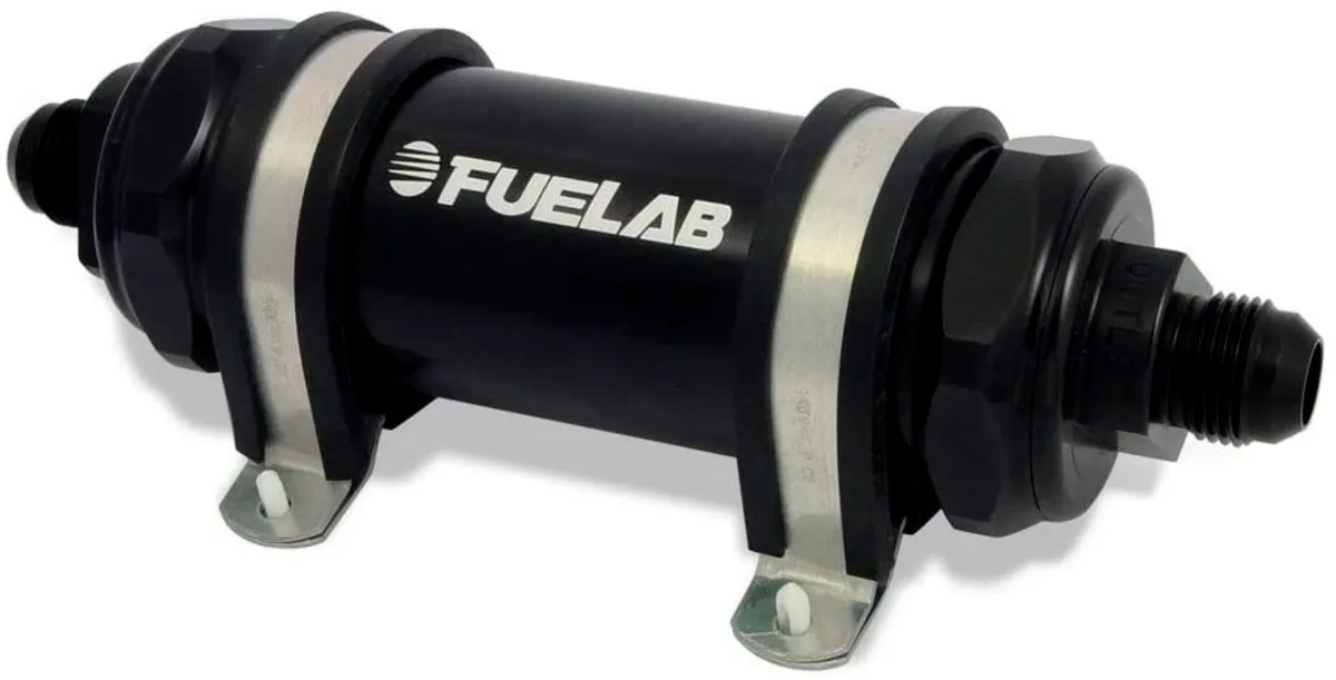 Fuelab In-Line Fuel Filter Long Length -8AN Inlet/Outlet 6 Micron Fiberglass Element Black FUELAB