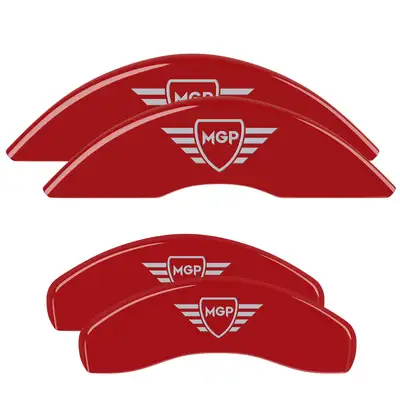 MGP Caliper Covers Set of 4 Caliper Covers Engraved Front And Rear Mgp Red Finish Silver Characters 2018-2024 Jeep Wrangler JL Bry Brake Code Mgp Caliper Covers