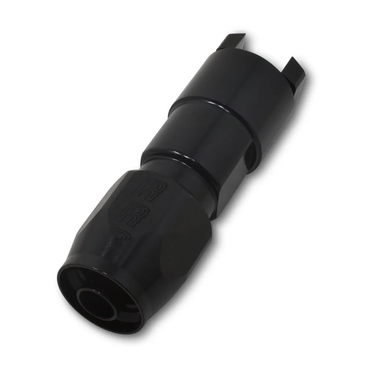 Hose End. 3/8 SAE Quick Disconnect Female to #6 Hose. Straight. Black Anodized product image
