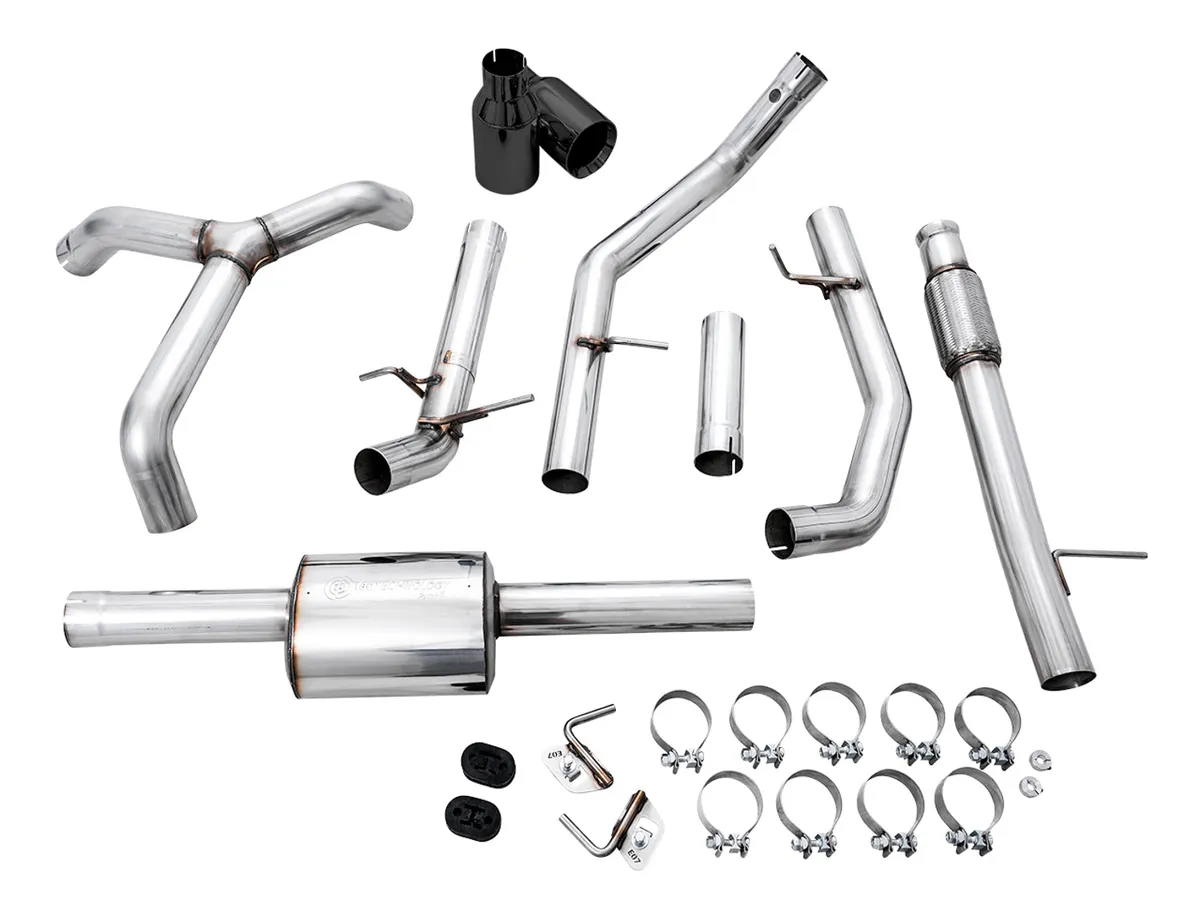 AWE 0FG Catback Split Rear Exit Exhaust for 4th Gen Silverado/Sierra 1500 5.3L (With Bumper Cutouts) - Quad Chrome Silver Tips product image