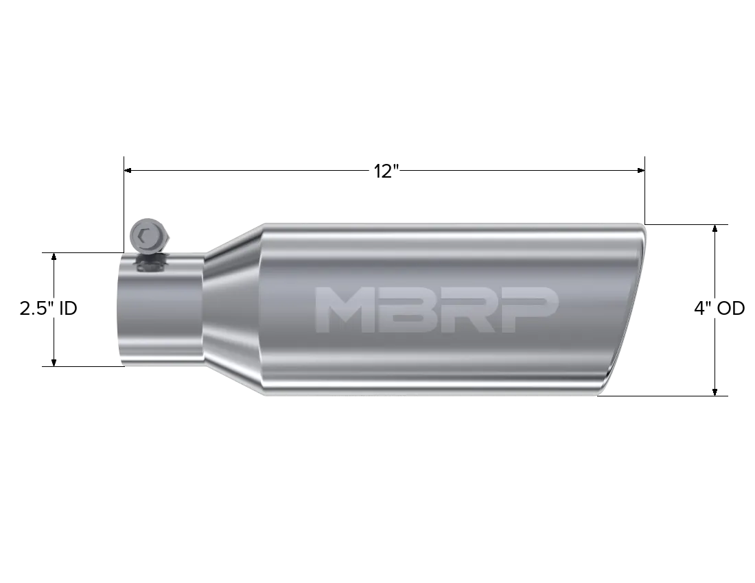 Armor Pro Exhaust Tip; 2.5 in. Inlet Diameter; 4 in. Outlet Diameter; 12 in. Length; Angled Cut Rolled End; T304 Stainless Steel; product image