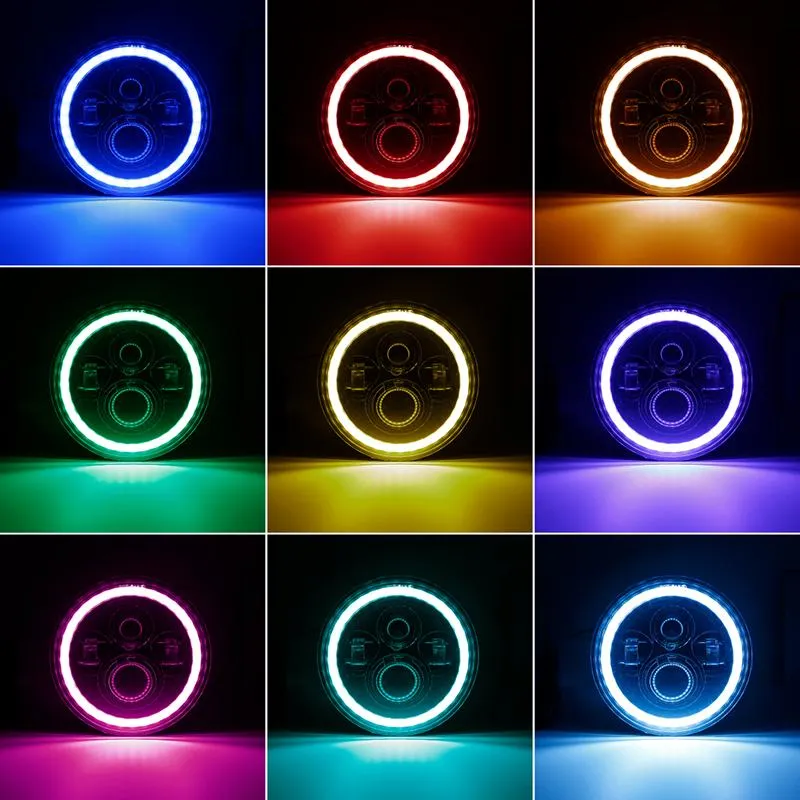 "7"" Jeep Wrangler LED Headlights with RGB Halo App Or Remote Control for 1997-2018" product image