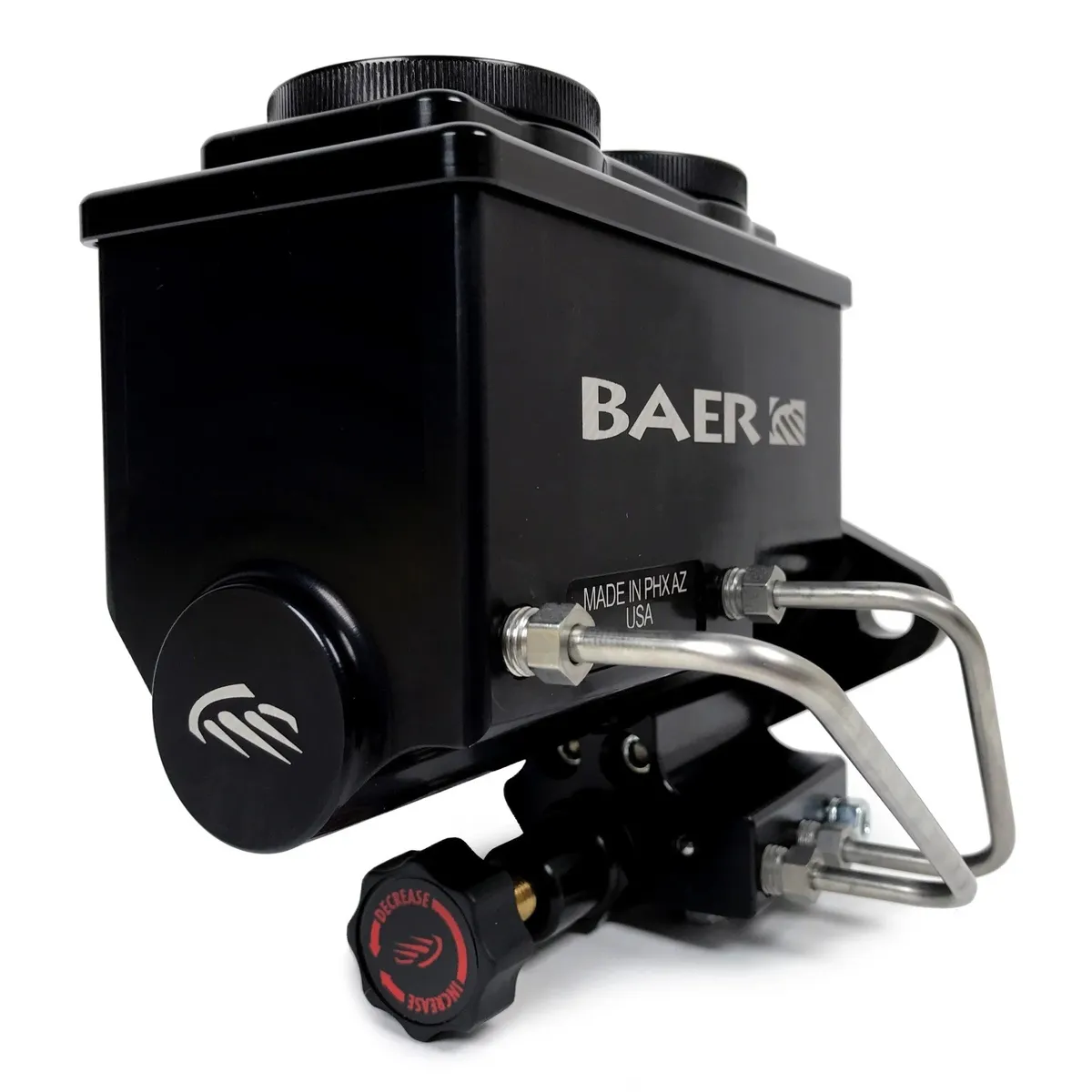 Baer Brake Systems Bear Brakes Remaster Master Cylinder Assembly And Proportioning Valve, Kit, Black, 1-1/8 Inch Bore 1-1/8 In. Bore, Left Ports, Black Master Cylinder, Prop Valve And Pre-Bent Hardlines With 3/8 In. Inverted Flare Fittings Baer Brakes