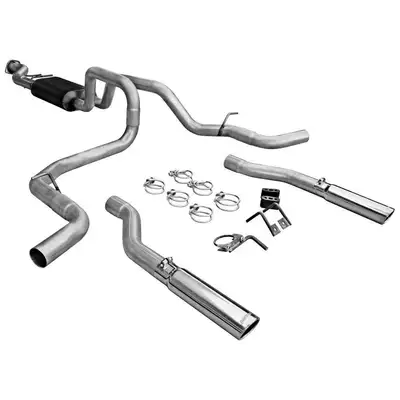 Flowmaster 99-06 Chev/GMC C/K 1500 Trucks 1/2 Ton 4.8L/5.3L (w/single Flanged Cat) 2/4 Wheel Drive Std. Cab/Short Bed 119in WB 2.50in Outlets Super 50 Series Muffler Stainless Tips American Thunder Incl tube extensions for DOR and DOS in kit Mandrel Bent