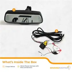 Brandmotion 9 in. Mirror w/7.3 in. LCD Display; 3 Input; Single Camera Feed or Dual Camera Views/Split-Screen Mode on Two 3.6in. Side-by-Side Screens; 3 RCA Input w/Trigger Wires;