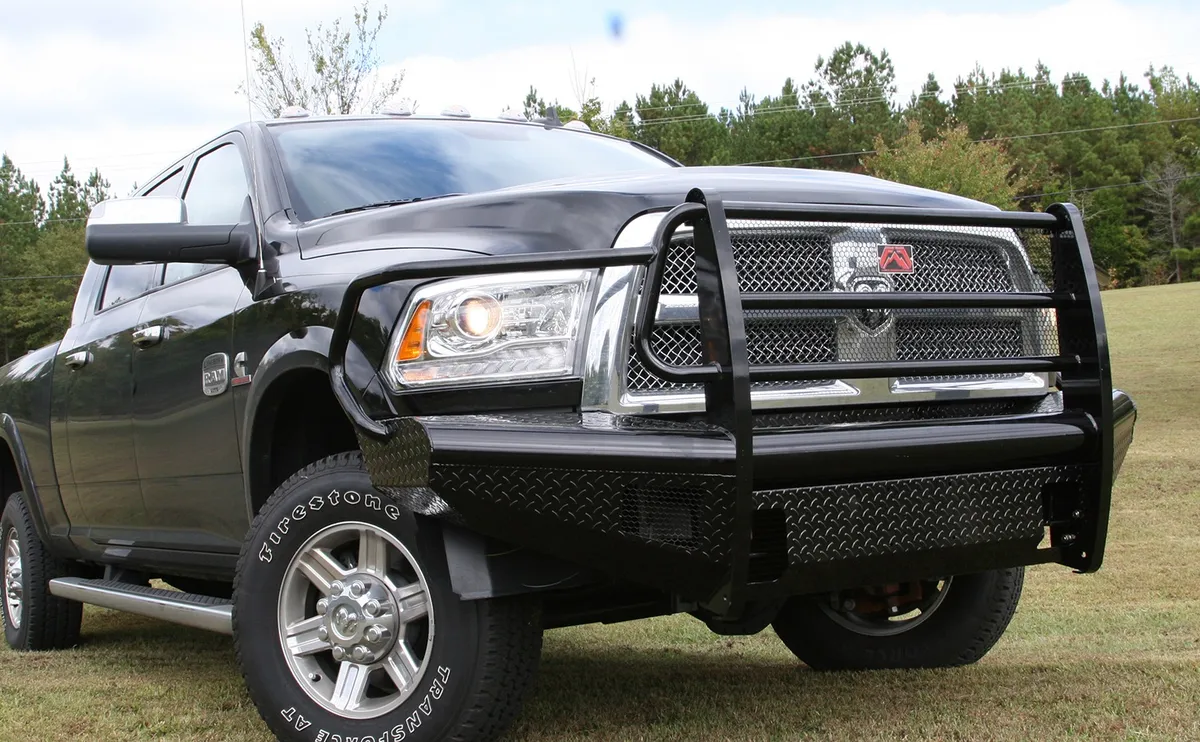 Black Steel Front Ranch Bumper; 2 Stage Black Powder Coated; w/Full Grill Guard; Incl. Light Cut-Outs; product image