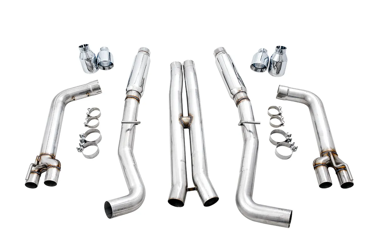 AWE Track Edition Exhaust for 15+ Challenger 6.4 / 6.2 SC - Chrome Silver Quad Tips product image