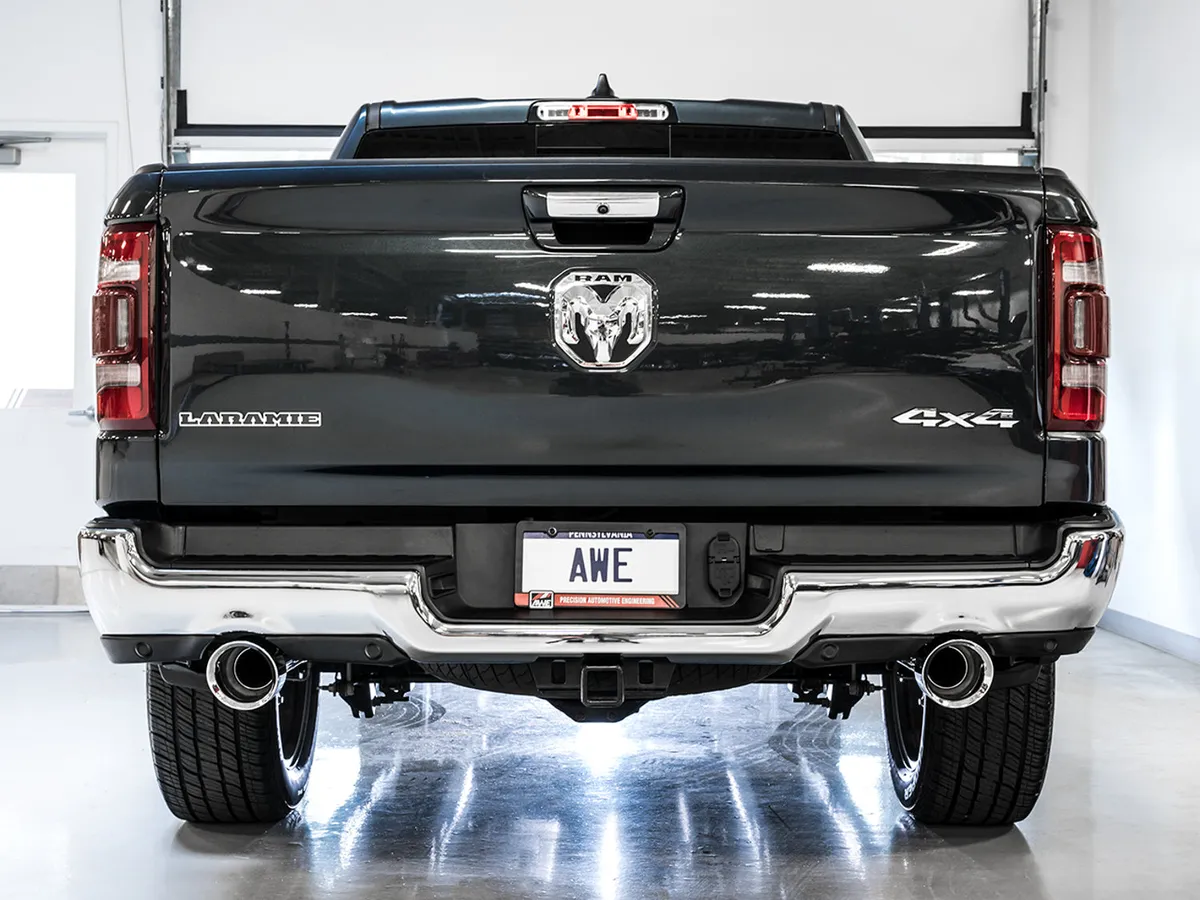 AWE 0FG Dual Rear Exit Catback Exhaust for 5th Gen RAM 1500 5.7L with bumper cutouts - Chrome Silver Tips product image