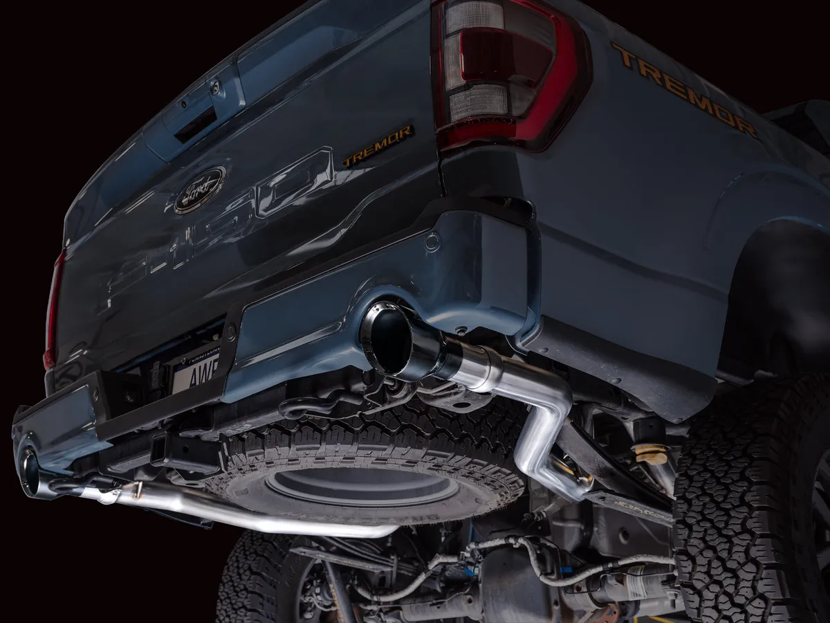 AWE 0FG Resonated Catback for 21 Ford F-150 Tremor (With Bumper Cutouts) - Chrome Silver Tips 3015-32402 product image