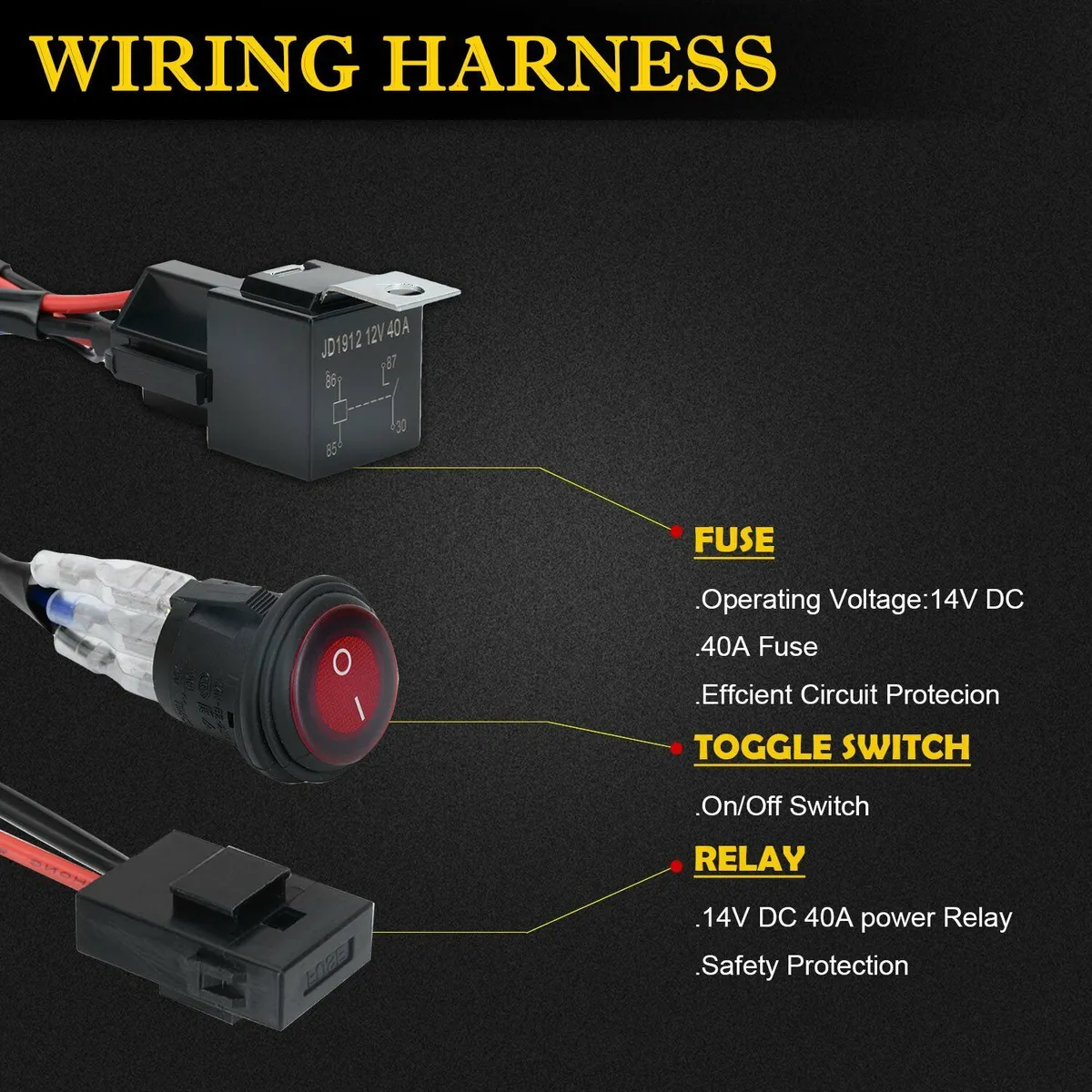 LED Light Bar Wiring Harness Kit (2 Leads 16awg) With Fuse 12v 40a Relay 3/4" On/Off Switch product image