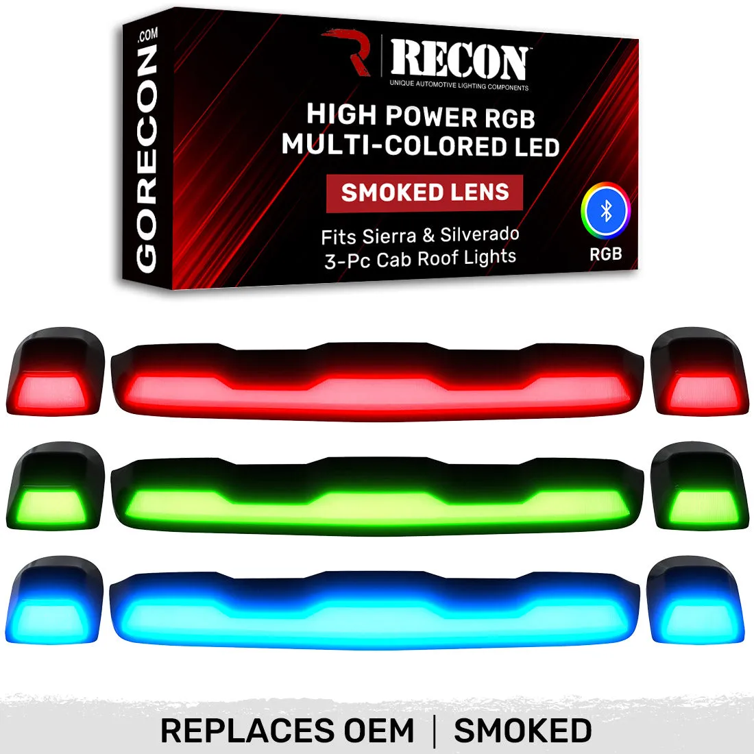 Recon Accessories Gmc Chevy 20-23 4th Gen Body Style Heavy-Duty 3-Piece Set Smoked Cab Roof Light Lens With RGB Multi-Colored High-Power LED s - Complete Kit With Wiring Hardware - Attn Cab Lights Are User Controlled by Bluetooth Using App Thru Mobile Phone ta