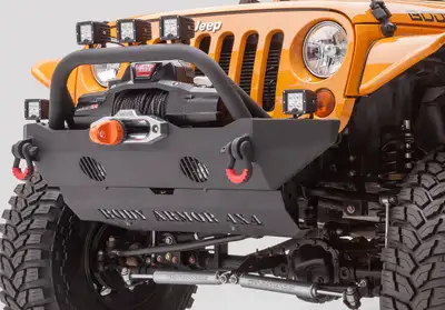 Body Armor Front Base Bumper; Mid-Width Design; Two Welded D-Ring Mounts; 3/16 in. Steel Plate; Textured Black;