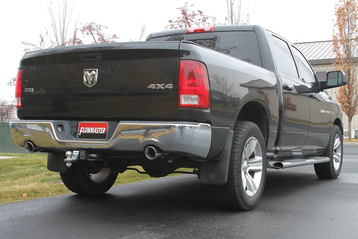 09-13 Dodge Ram 1500 5.7L Hemi Magnum 2/4 Wheel Drive All Wheelbases 2.50in Outlets 50 Series H.D. Muffler 4.00in Logo Embossed Stainless Tips American Thunder; Incl Tube Extensions For Dual Rear Exit In Kit Mandrel Bent Tubing 16 Gauge 409S Stai product image