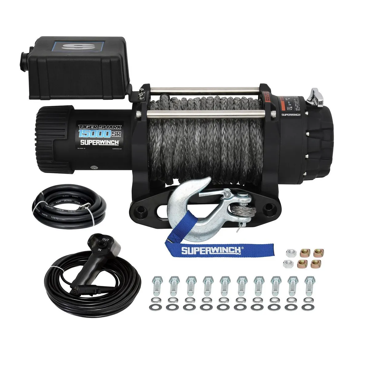 Tiger Shark 15000SR 15000lb 12V DC Winch with Synthetic Rope Black - 1515001 product image