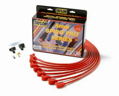Taylor Cable Taylor Cable Chevy Small Block Race Fit 8mm Spiro-Pro Spark Plug Wire Set with Under Headers HEI Fitment - Red - 90° Spark Plug Boot Angle - 76230