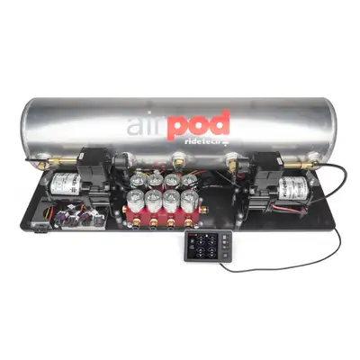 Ridetech 5 Gallon Bigred Airpod W/ Ridepro E5 Air Suspension Controller 2 Air Compressors 5 Gallon Tank Bigred Valve Touch Screen Display Ecu Pressure Sensors Wiring Harness 3/8 Inch Airline And Fittings Assembled On An Abs Board Ridetech