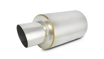 Vibrant Performance TPV Muffler; 4 in. Round Angle Cut Tip; 3 in. Inlet ID; 5 in. L-Tip; 17 in. Overall L; 4 in. OD; 10 in. Muffler Body L; Stainless Steel;