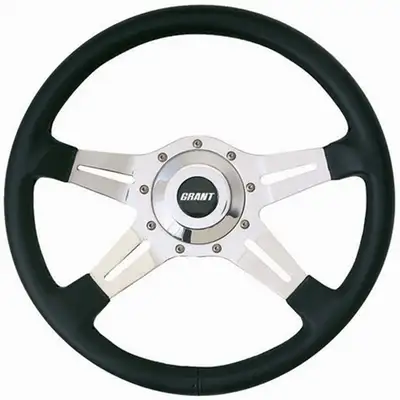 Grant Le Mans Steering Wheel; 14 in. Diameter; Black Hand Grip w/Polished Aluminum Spokes; Slotted Cut Out Spoke; Includes Polished Horn Button w/GRANT Logo;
