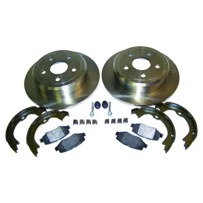 Crown Automotive Jeep Replacement Disc Brake Service Kit; Rear; Kit Includes Pads/Rotors/Parking Brake Shoe And Lining Kit/Boots/Pins/Spring;