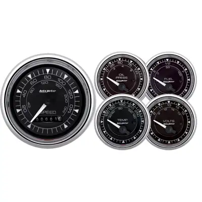 AutoMeter Gauge Kit 5 pc 3 3/8in & 2 1/16in Elec. Speedometer Chrono Chrome