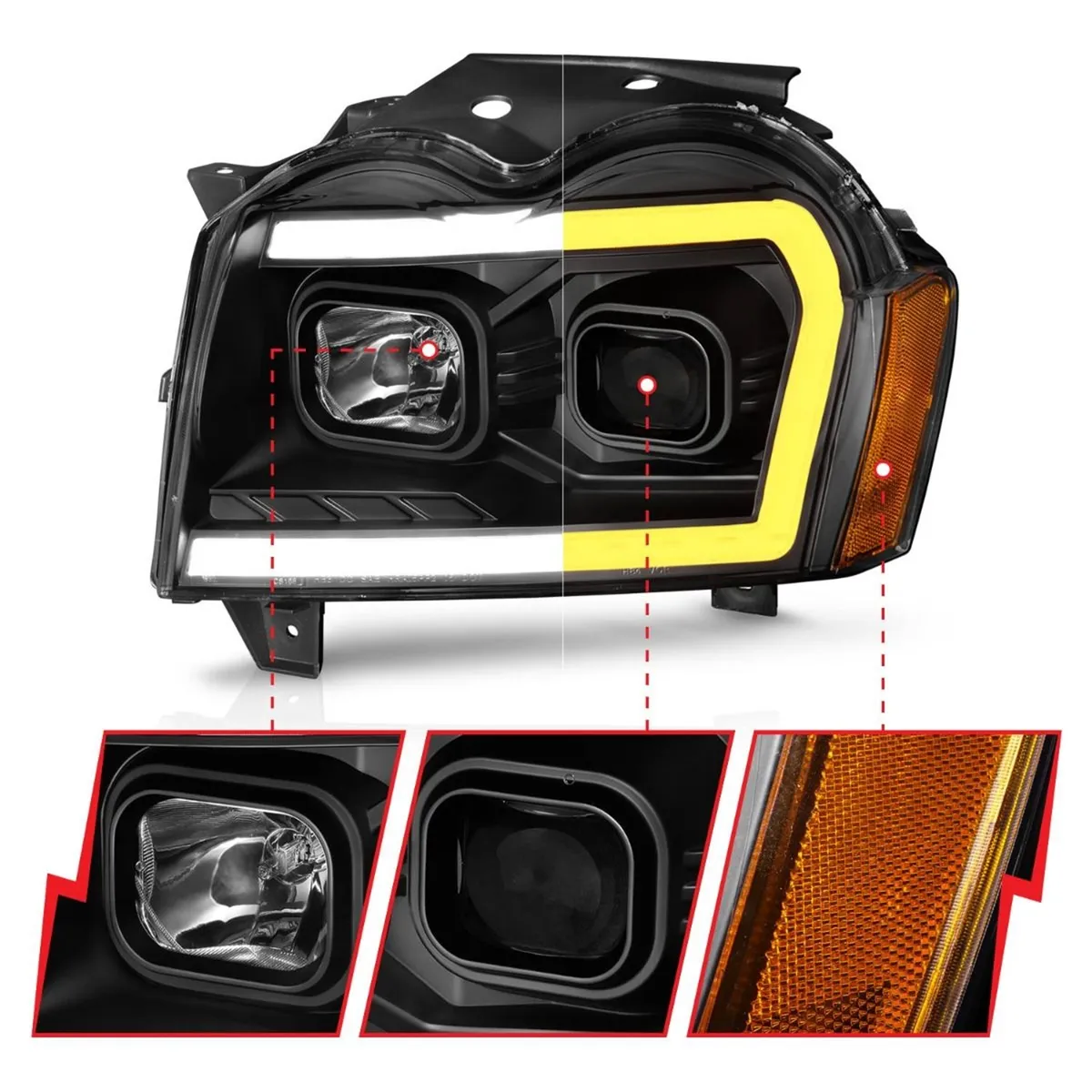 Projector Headlights w Light Bar Switchback Black Housing Jeep Grand Cherokee 2005-2007 product image