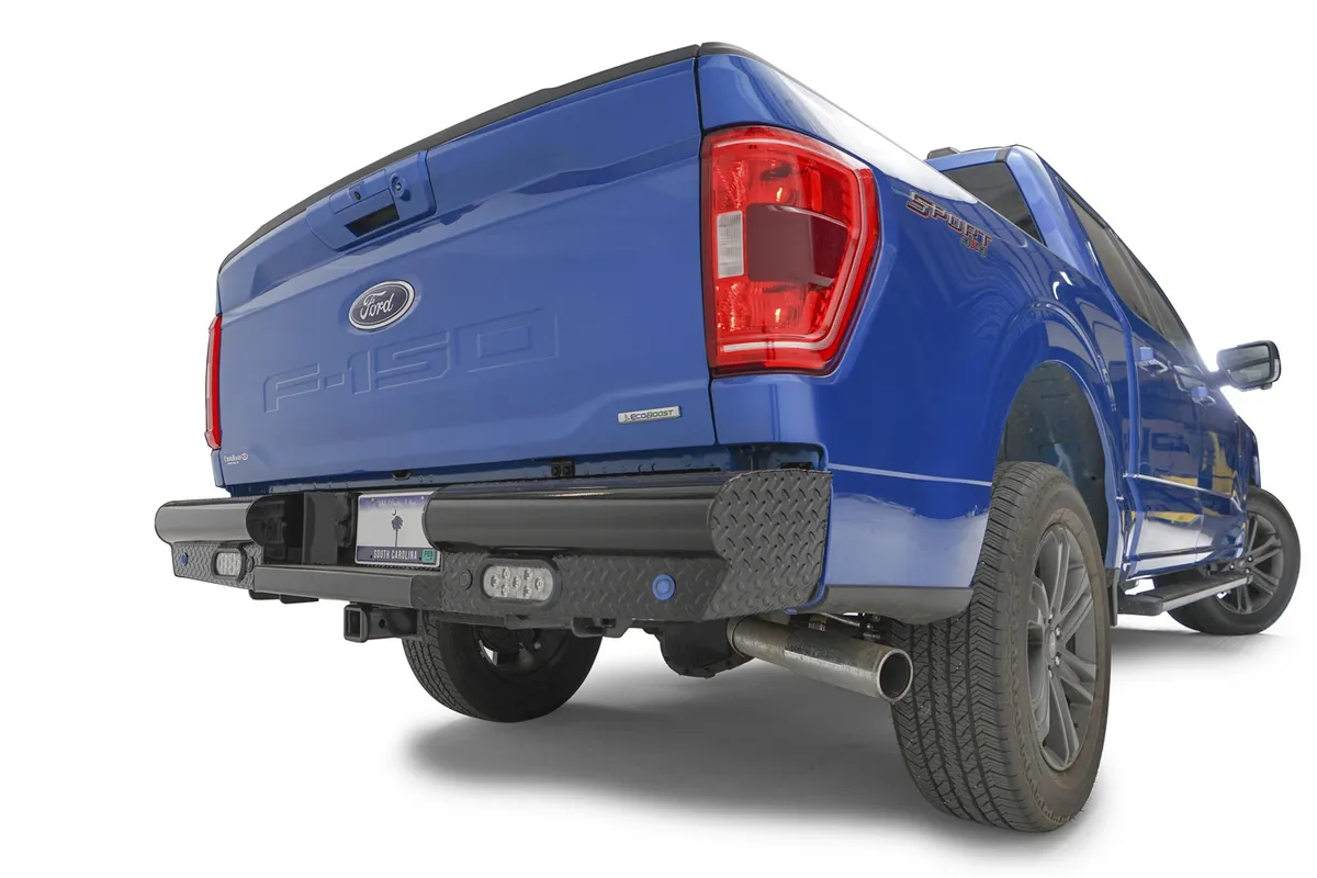 Black Steel Rear Bumper; Sensor Compatible; Incl. Reverse Lights; 14 Gauge Steel; Black Powder Coat; 85 lbs.; product image