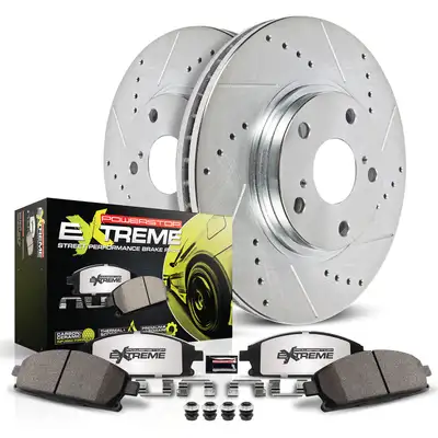 PowerStop Z26 Street Warrior Upgrade Kit: Drilled/Slotted Rotors; Carbon-Fiber Ceramic Pads W/Hardware