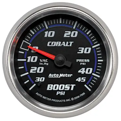 AutoMeter Gauge, Vac/Boost, 2 5/8", 30inHg-45psi, Mechanical, Cobalt