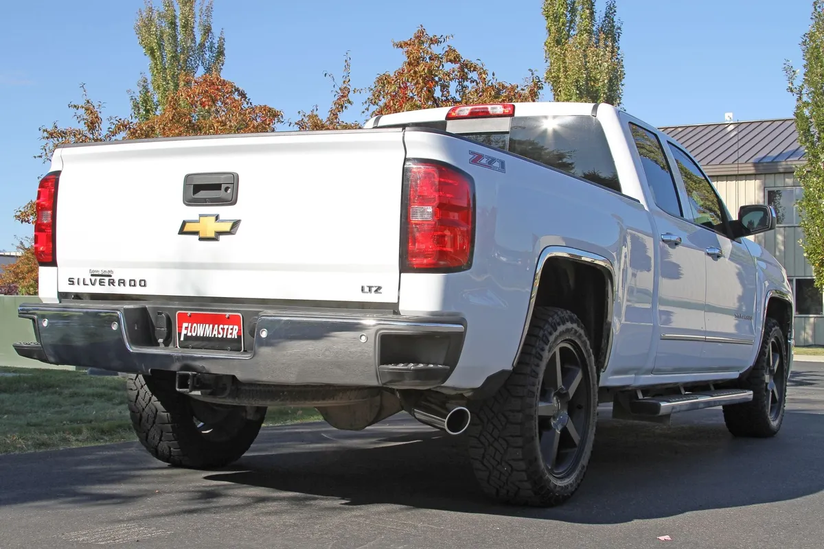 Flowmaster 11-13 Chevrolet/GMC 1500 6.2L V8 Crew Cab/Short Bed Extra Cab/Standard Bed 143in WB Cat-back 50 Series Big Block Muffler Mandrel Bent 3.5in. 16 Gauge Tubing 4in. Polished 304S W/Embossed Logo Tip SOS Force II 409S Stainless Steel
