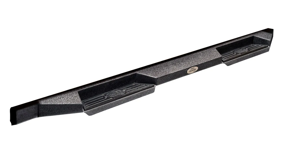 Rockcrawler Side Guards; 2in.X3in. Rectangle Tube w/Tapered/Enclosed/Welded Ends And Additional 1.5in.X0.140in. Wall Kick Out Tube; Textured Black Powder Coat; product image