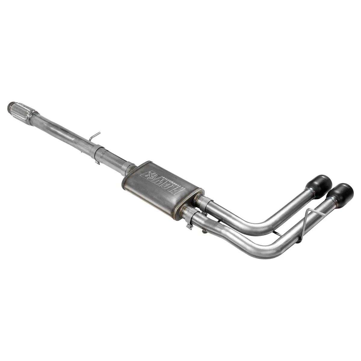 2014-2018 GM SilveradoSierra 1500 12 Ton 5.3L V8 Crew Cab and Double Cab 24 Wheel Drive Except Crew Cab 2WD with 2 Pc Driveshaft Cat-back Flow FX Series Muffler Mandrel Bent 2.5in. 16 Gauge Tubing 4 in. Black Ceramic Coated Tips WEtched product image