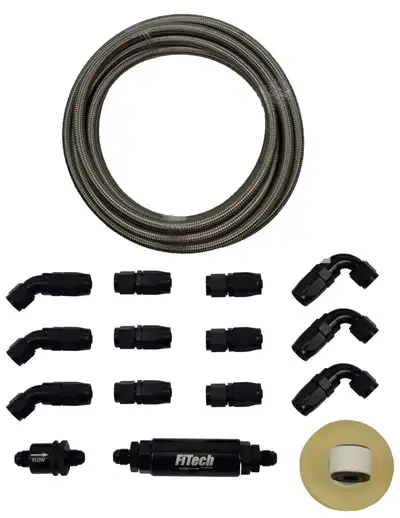FiTech Fuel Injection Natural Stainless Steel Hose Kit 20ft w/ 10 Micron Filter And Check Valve