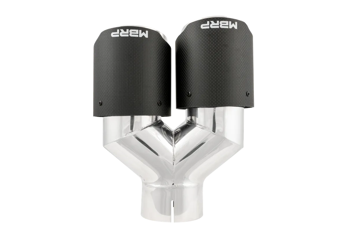 Carbon Fiber Exhaust Tip; 3 in. Inlet Diameter; 4 in. Outlet Diameter; Left Tip 9.87 in. Length; Right Tip 9.37 in. Length; Dual Out; Carbon Fiber Finish; product image