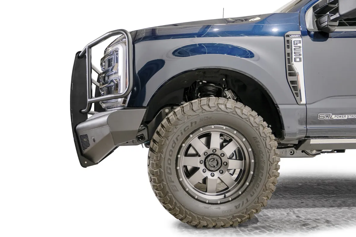 Elite Front Bumper; Black Steel; w/Full Grill Guard; Sensor Compatible; Black Matte; product image