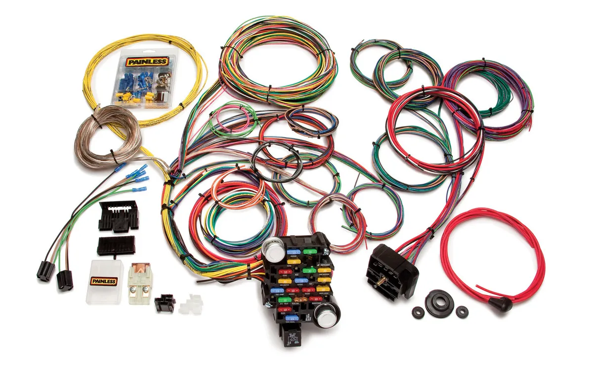 Painless Wiring 28 Circuit Classic-Plus Customizable Muscle Car Harness; 18 Fuses w/Horn Relay/Maxi Fuse; Bulkhead Connector Through Firewall; Incl. Wires For Fuel/Oil/Temp Gauges/Tach/Voltmeter;