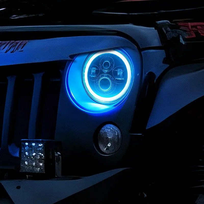 "7"" Jeep Wrangler LED Headlights with RGB Halo App Or Remote Control for 1997-2018" product image