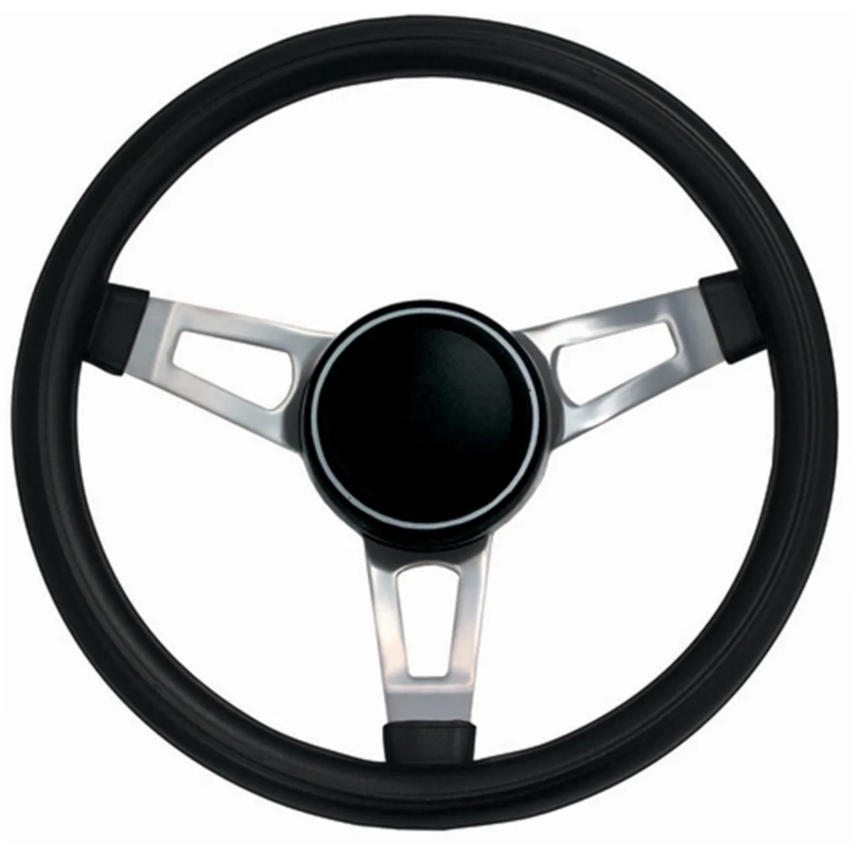 Classic Series Nostalgia Steering Wheel; 15 in. Diameter; 2 1/2 in.; Black Foam Grip; Nickel Plated 3-Spoke Design; Includes Horn Button PN[5699]; product image