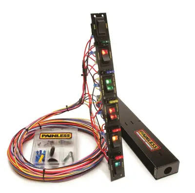 Painless Wiring Fused Dragster Vertical 6 Switch Panel; Controls Start/Ignition/Fuel Pump/Water Pump/Fan+/[2] Access; Incl. Wiring/Hrdw; [+3-Position Switch; Water Pump/Off/Water Pump And Fan];