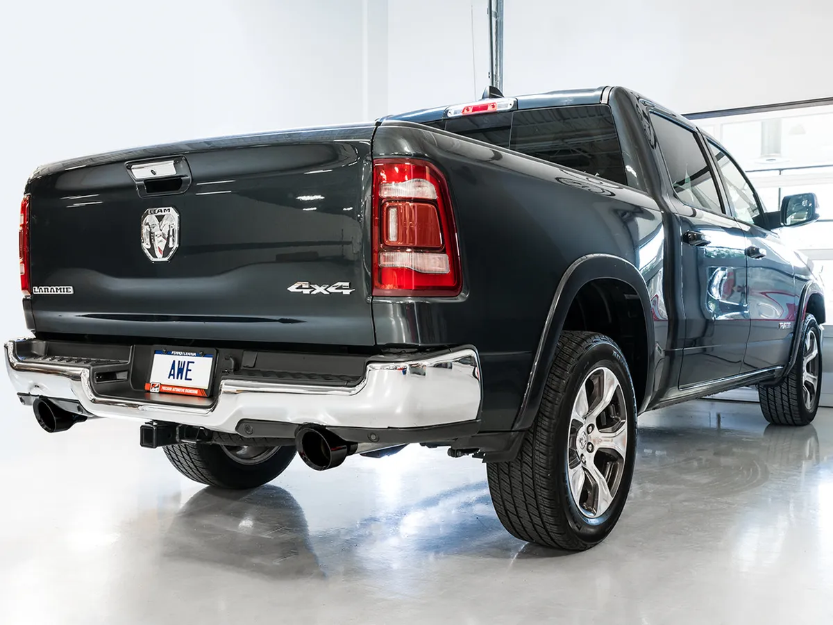 AWE 0FG Dual Rear Exit Catback Exhaust for 5th Gen RAM 1500 5.7L with bumper cutouts - Chrome Silver Tips product image