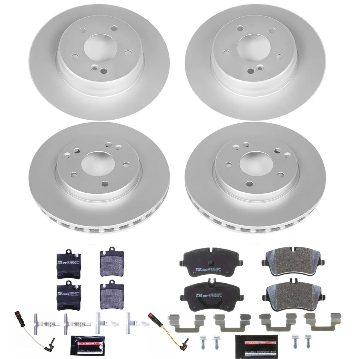 Euro-Stop Kit: Genuine Geomet Fully Coated Rotors; Ece-R90 Certified Pads W/Hardware; Pad Sensors product image
