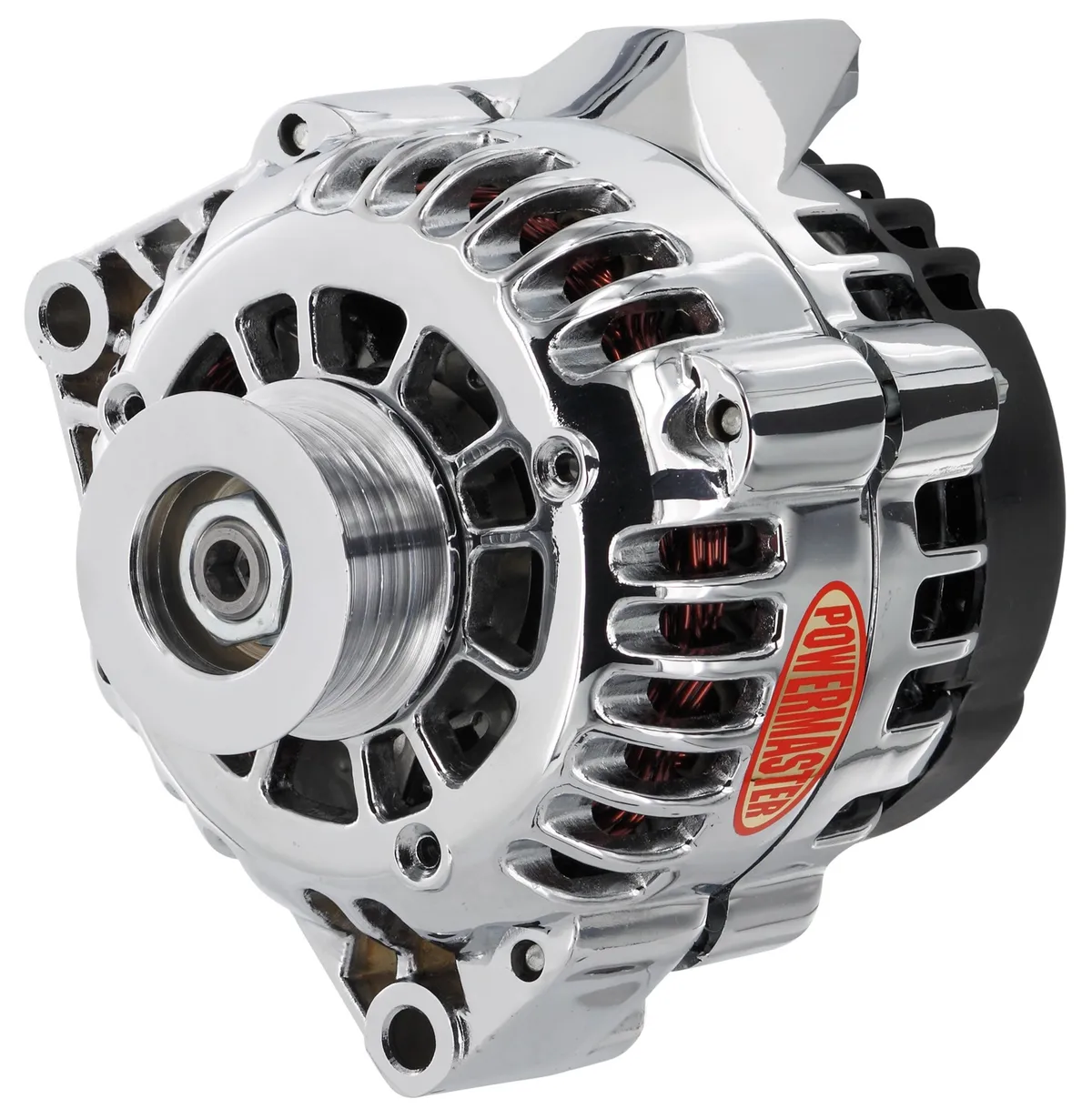 Power Master Alternator; CS130D; Rear Battery Post; 120 Amp; 95 Idle; 6 Groove Pulley; PLIS Voltage Regulator; Chrome;