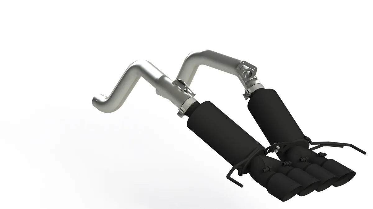 Armor BLK Axle Back Exhaust System; 3 in.; Incl. Dual Mufflers/Over Axle Pipes/Hardware/Quad 4 in. OD Dual Wall Tips; Dual Rear Exit; Black Coated; product image